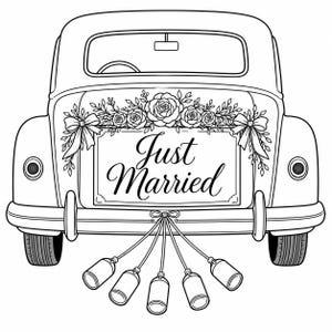 Op de afbeelding: Zwart-wit illustratie van de achterkant van een oldtimer, versierd voor een bruiloft. De auto heeft een bloemstuk met rozen en de tekst "Just Married" op een bord. Zes blikken zijn aan de bumper bevestigd.