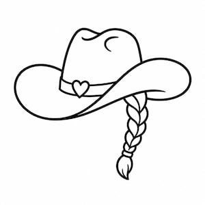 Puede incluir: Ilustración en blanco y negro de un sombrero de vaquero con una hebilla en forma de corazón y una larga trenza. El sombrero tiene un ala ancha y una corona curvada. La trenza es larga y detallada, con un extremo redondeado.