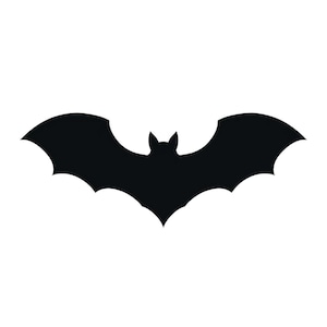 May include: Black silhouette of a bat with wings spread out.