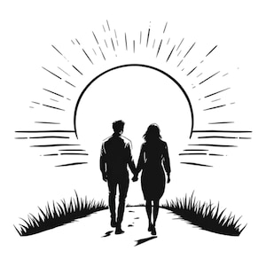 May include: A black and white illustration of a couple walking hand-in-hand towards a large sun with rays emanating from it.