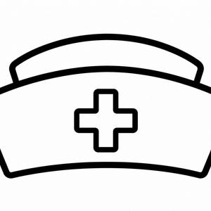 Puede incluir: Un contorno en blanco y negro de un gorro de enfermera. El gorro presenta un emblema de cruz en el centro. El diseño es simple y limpio, adecuado para temas médicos o de salud.