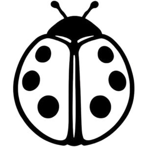 May include: A black and white illustration of a ladybug. The ladybug has a rounded body with six black spots on its white wings. It also has a black head with two antennae.