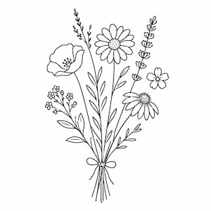 May include: A black and white line drawing of a floral bouquet. The illustration features daisies, poppies, and other wildflowers, tied with a ribbon. The image is a simple, elegant design, suitable for colouring or design projects.