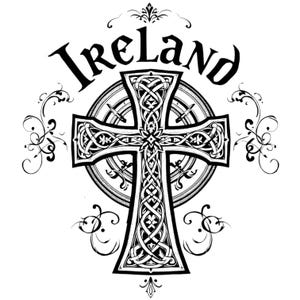 May include: Black and white Celtic cross design with the word "Ireland" arched above. The cross features intricate knotwork and is set against a circular background with swords. Decorative flourishes surround the cross.