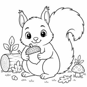 May include: A black and white illustration of a cartoon squirrel holding an acorn. The squirrel has a fluffy tail and is surrounded by leaves, a log, and a mushroom. The image is suitable for coloring.