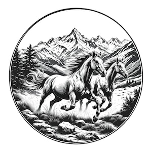 Könnte beinhalten: Schwarz-Weiß-Illustration von zwei Pferden, die durch eine Berglandschaft galoppieren. Das Bild, das in einem kreisförmigen Rahmen gehalten ist, zeigt detaillierte Darstellungen der Pferde, Berge und Vegetation.