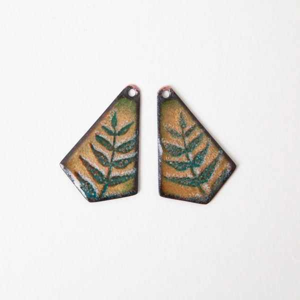 2 Handmade Copper Enamel Botanical Leaf Charms Plant Jewelry Making Component Charm Artisan Rustic Finding Hot Enamel