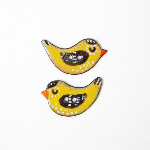 2 Handmade Copper Enamel Yellow Finch Art Buttons Handmade Goldfinch Hand Painted Hot Enamel 2 Hole Button Cute Bird Avian Artisan OOAK