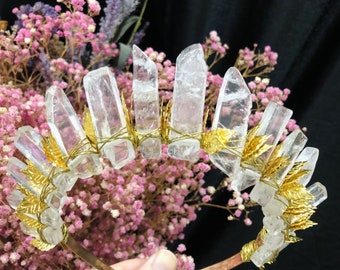 Corona de cristal hecha a mano, Tiara de cuarzo de cristal, Corona de cuarzo, Corona de sirena, Tiara de boda Festival nupcial Accesorios para el cabello Piedra preciosa