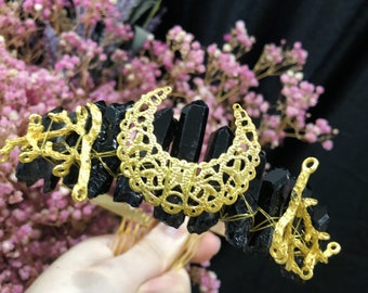Handmade Black Crystal Moon Crown,Crystal Quartz Tiara,Quartz Crown,Mermaid Crown,Wedding Tiara Bridal Festival Hair Accessories Gemstone
