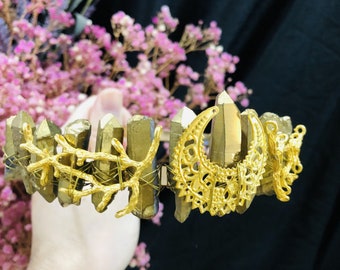 Handmade Gold Crystal Moon Crown,Crystal Quartz Tiara,Quartz Crown,Mermaid Crown,Wedding Tiara Bridal Festival Hair Accessories Gemstone