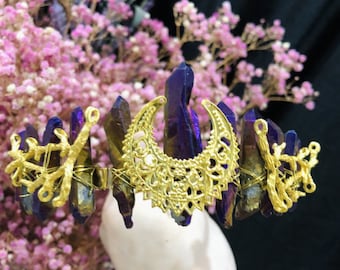 Handmade Crystal Moon Crown,Crystal Quartz Tiara,Quartz Crown,Mermaid Crown,Wedding Tiara Bridal Festival Hair Accessories Gemstone