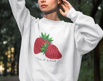 Two of a Kind Strawberry Sweatshirt for Women, Strawberries on Crewneck Sweater, Summer Garden Pullover, Colorful Clothing for Women