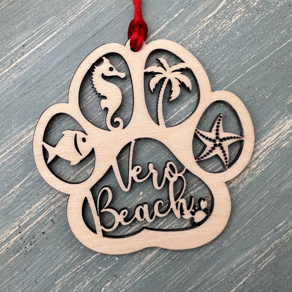 Personalized Beach Dog or Cat Paw Print Ornament, Custom Ocean Pet Keepsake Ornament, Tropical Christmas Ornament with Fish and Sea Life