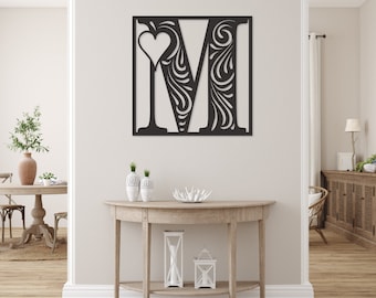 Square Monogram Metal Wall Art with a Heart, Letter Metal Wall Hanging, Artwork for Home or Cabin, Large Indoor or Outdoor Wall Art