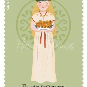 May include: A vintage-style illustration of Saint Lucy, a Christian saint, depicted as a woman wearing a white gown and a crown of candles. She is holding a plate of traditional Swedish saffron buns, known as "lussekatter". The background is a green color with a decorative circle pattern. The text "Those whose hearts are pure are temples of the Holy Spirit." is written below the image.