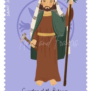 May include: A colorful illustration of Saint Joseph, a Catholic saint, holding a staff with a lily and a hammer. The image is set against a purple background with a circular design and the text "Guardian of the Redeemer, pray for us."