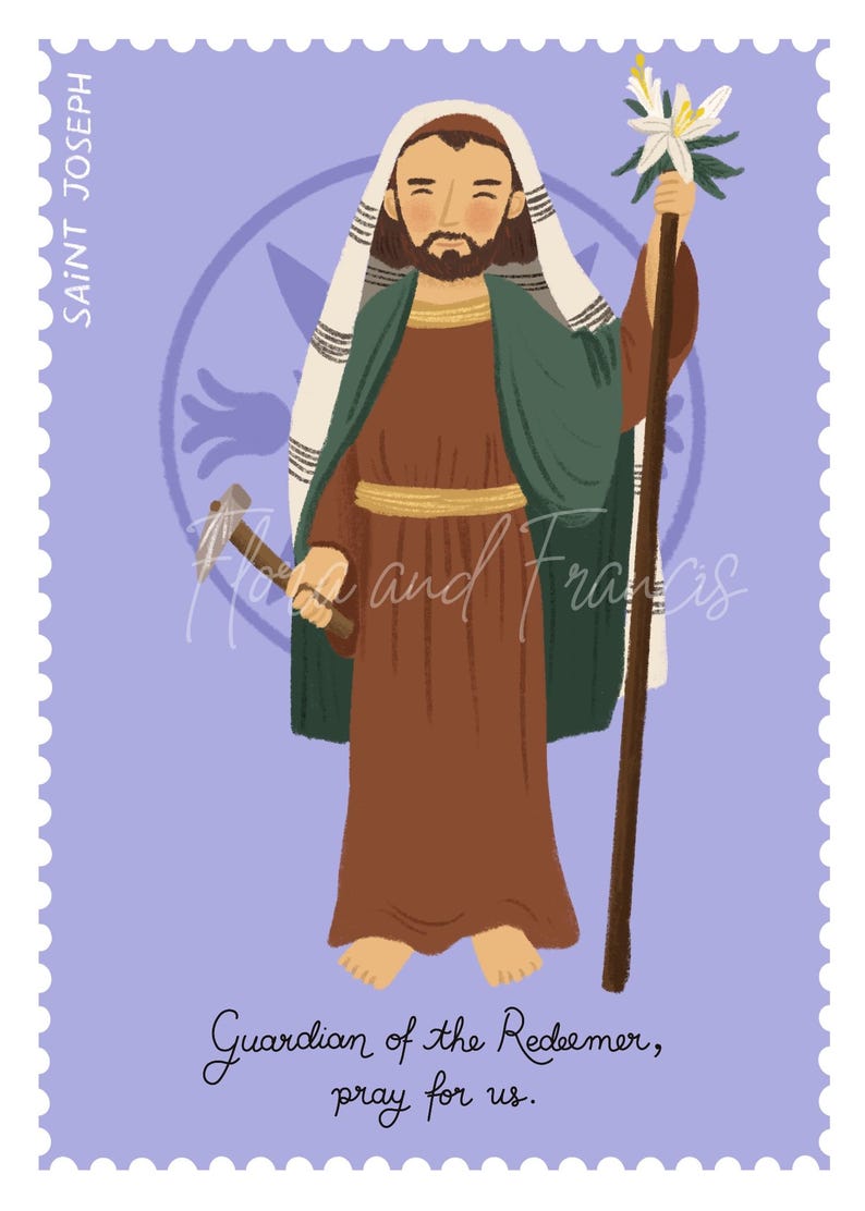 May include: A colorful illustration of Saint Joseph, a Catholic saint, holding a staff with a lily and a hammer. The image is set against a purple background with a circular design and the text "Guardian of the Redeemer, pray for us."