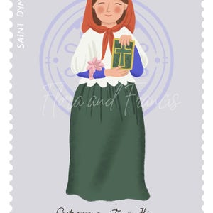 May include: A digital illustration of a saint holding a book with a cross on the cover. The saint is wearing a green dress, a white shirt, a red scarf, and a crown. The background is a light purple with a circle design. The text reads "Cast your anxiety on Him because He cares for you. -1 Peter 5:7".