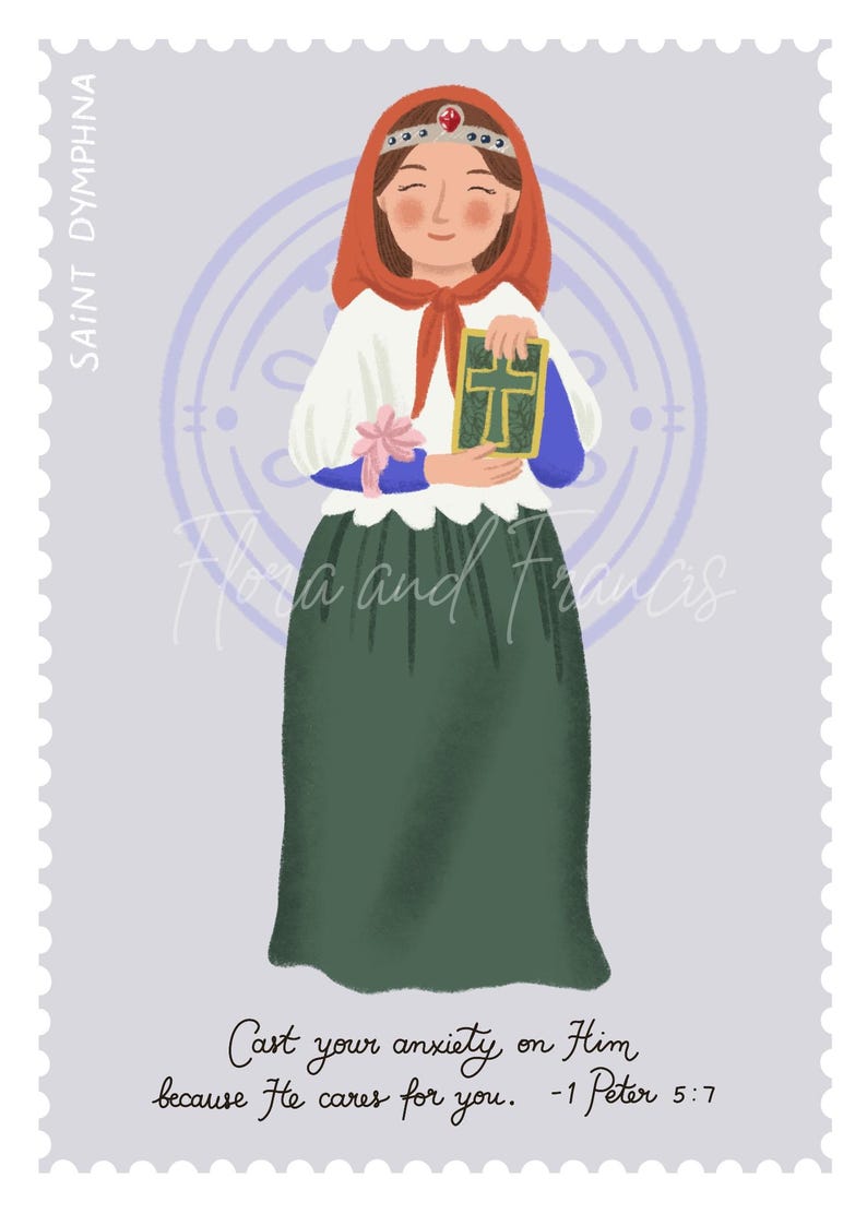 May include: A digital illustration of a saint holding a book with a cross on the cover. The saint is wearing a green dress, a white shirt, a red scarf, and a crown. The background is a light purple with a circle design. The text reads "Cast your anxiety on Him because He cares for you. -1 Peter 5:7".
