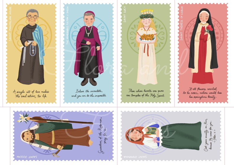 May include: A set of six colorful illustrated cards featuring different saints. Each card has a saint's image, a quote, and their name. The saints featured are Saint Joseph, Saint Padre Pio, Saint Lucy, Saint Therese of Lisieux, Saint Francis of Assisi, and Saint Anthony of Padua.