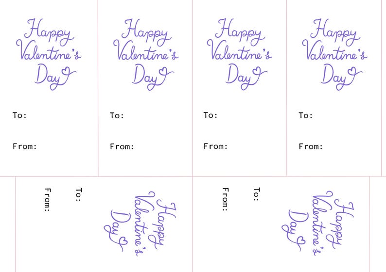 May include: Four printable Valentine's Day cards with the text "Happy Valentine's Day" in purple cursive. Each card has a space for "To:" and "From:"