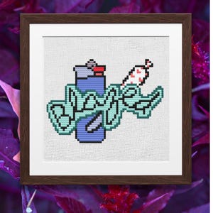 May include: Cross-stitch pattern featuring a blue lighter, a white cigarette, and the word "Blaze" in green.