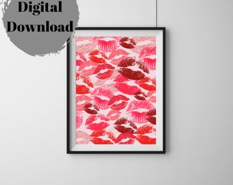 Lipstick Kisses. Red and pink. wall art. preppy wall art. digital download. printable art. wall art. Lipstick. Kisses. Shades of pink. dorm.