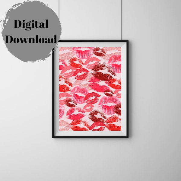 Lipstick Kisses. Red and pink. wall art. preppy wall art. digital download. printable art. wall art. Lipstick. Kisses. Shades of pink. dorm.