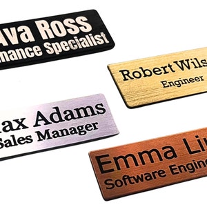 Premium Custom Metal Nametags, With Pin or Magnet Backing, Gold, Rose Gold,  Silver, Black, Fully Personalized Name Badge Engraving 