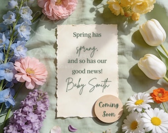 Anuncio digital de embarazo con flores de primavera / Revelación de bebé con la llegada de la primavera / Plantilla Canva floral de primavera / Descarga digital editable