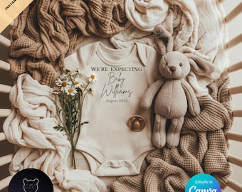Babymitteilung | Neutral Schwangerschaft offenbaren | Wir erwarten Crib Reveal | Bearbeitbare Canva Vorlage