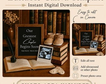 Anuncio de bebé / Revelación de embarazo con temática literaria / Comienza nuestro capítulo más importante / Plantilla editable de Canva