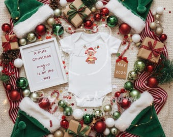 Christmas Pregnancy Announcement | Holiday Baby Reveal | Editable Canva Template | Christmas Flat Lay Baby Announcement Digital Download