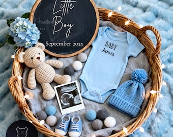 Baby Boy Pregnancy Announcement | Little Boy Pregnancy Reveal | Baby Boy Coming Soon | Editable Canva Template | Blue Baby Announcement