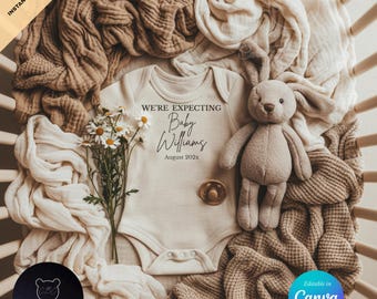 Babyankündigung | Neutrale Schwangerschaftsverkündung | Babybett-Präsentation | Bearbeitbare Canva-Vorlage