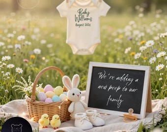 Anuncio de bebé / Revelación de embarazo en Pascua / Embarazo en primavera / Anuncio de abril / Plantilla editable de Canva