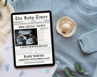 Baby Announcement | Breaking News Pregnancy Reveal | Ultrasound Newspaper Reveal | Editable Canva Template | Instant Download