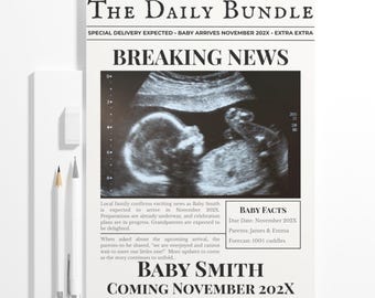 Annuncio di nascita / Rivelazione della gravidanza sul giornale / Annuncio di nascita con notizie dell'ultima ora / Modello Canva modificabile