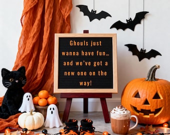 Op de afbeelding: Een Halloween-tafereel met een uitgesneden pompoen, een zwarte pluche kat en een bord met de tekst "Ghouls just wanna have fun... and we've got a new one on the way!" Decoratieve vleermuizen hangen van bovenaf, en babyslofjes met pompoenpatronen staan op de voorgrond.