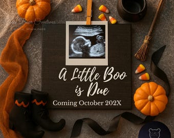 Halloween Baby Announcement | A Little Boo Is Due | Pregnancy Reveal | Editable Canva Template | Ultrasound Reveal