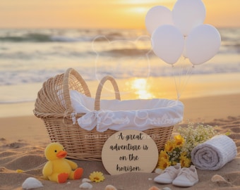 Babymeddelande | Graviditetsavslöjande på stranden | Babymeddelande vid kusten | Redigerbar Canva-mall