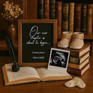 Bookish Pregnancy Announcement Template | Neutral Baby Reveal Canva Template | Digital Download Cozy Baby Announcement