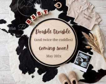 Country Twins Pregnancy Announcement | Double Trouble Baby Reveal | Editable Canva Twins Announcement | Neutral Farm Baby Reveal