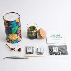 Pu&ograve; includere: Kit per terrario in miniatura fai-da-te con un barattolo di vetro, un tappo di sughero, istruzioni e una variet&agrave; di materiali tra cui terra, pietra lavica e muschio decorativo. Il kit &egrave; fornito in un contenitore cilindrico colorato con le parole "DIY Mini Terrarium" stampate su di esso.