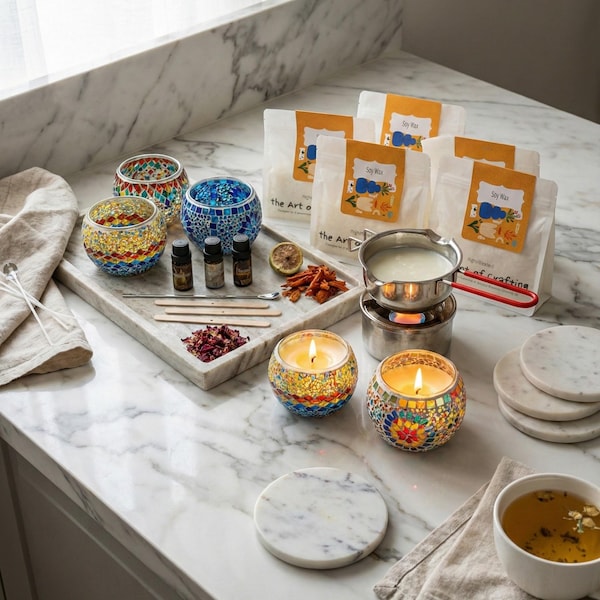DIY Candle Making Kit with Turkish Mosaic Holders – 4x Soy Wax, Essential Oils, Dried Flowers – Fun Craft Gift for Adults & Teens Beginners