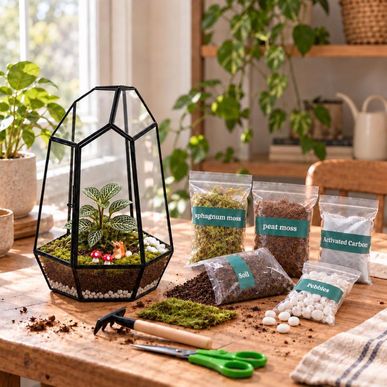 Puede incluir: Un terrario de cristal geom&eacute;trico con marco de metal negro que contiene una planta peque&ntilde;a, musgo y setas en miniatura. Al lado hay bolsas de pl&aacute;stico transparente etiquetadas con musgo esfagno, turba, carb&oacute;n activo, tierra y guijarros, adem&aacute;s de un peque&ntilde;o rastrillo y tijeras.