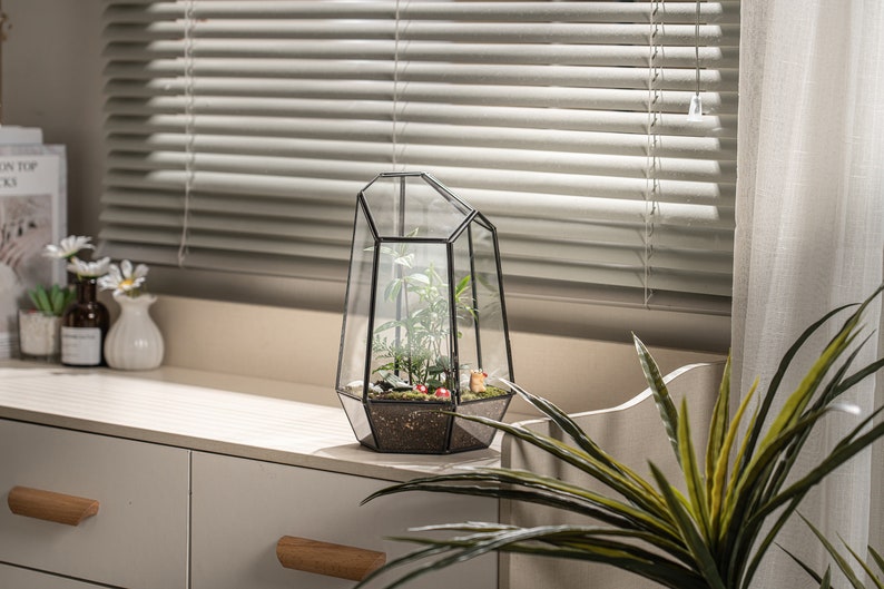 Puede incluir: Un terrario de cristal geom&eacute;trico con marco de metal negro que contiene una peque&ntilde;a planta verde, tierra y dos figuras en miniatura de setas rojas. El recipiente tiene una forma asim&eacute;trica con m&uacute;ltiples facetas.