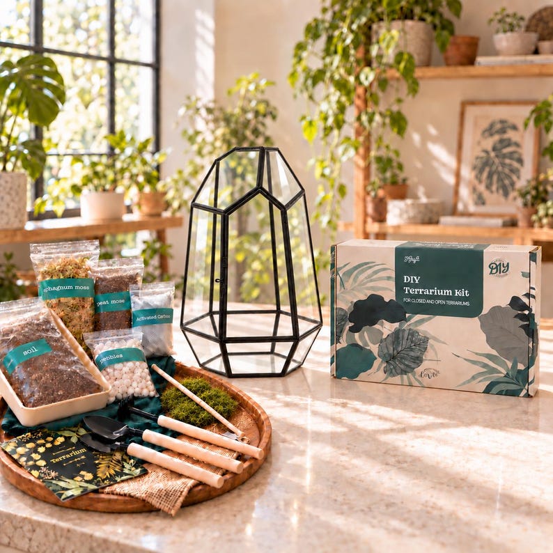 Puede incluir: Un kit de terrario DIY que incluye un recipiente de vidrio geom&eacute;trico con marco de metal negro, una caja de cart&oacute;n etiquetada como DIY Terrarium Kit y varios suministros como bolsas de tierra, musgo, guijarros y herramientas en una bandeja de madera.