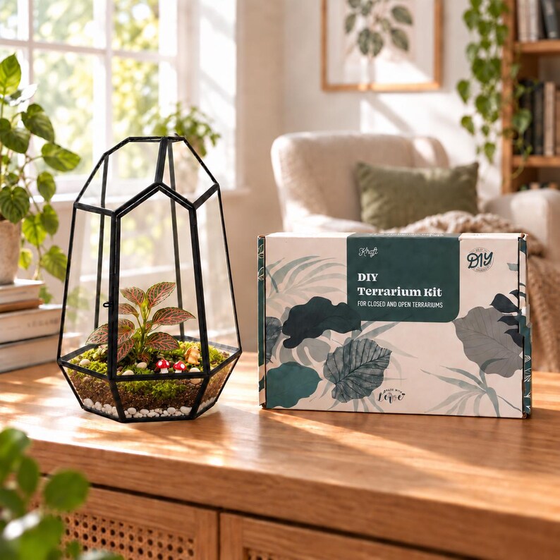 Puede incluir: Un terrario de cristal geom&eacute;trico con marco de metal negro que contiene una planta peque&ntilde;a, musgo, guijarros blancos y dos setas rojas en miniatura, junto a una caja de cart&oacute;n rectangular etiquetada DIY Terrarium Kit for closed and open terrariums.